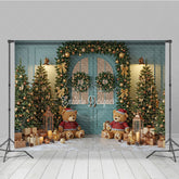 Aperturee - Aperturee Teal Christmas Door Photography Backdrop Teddy Bears in Snow with Gold Garland Holiday Mini Session Background